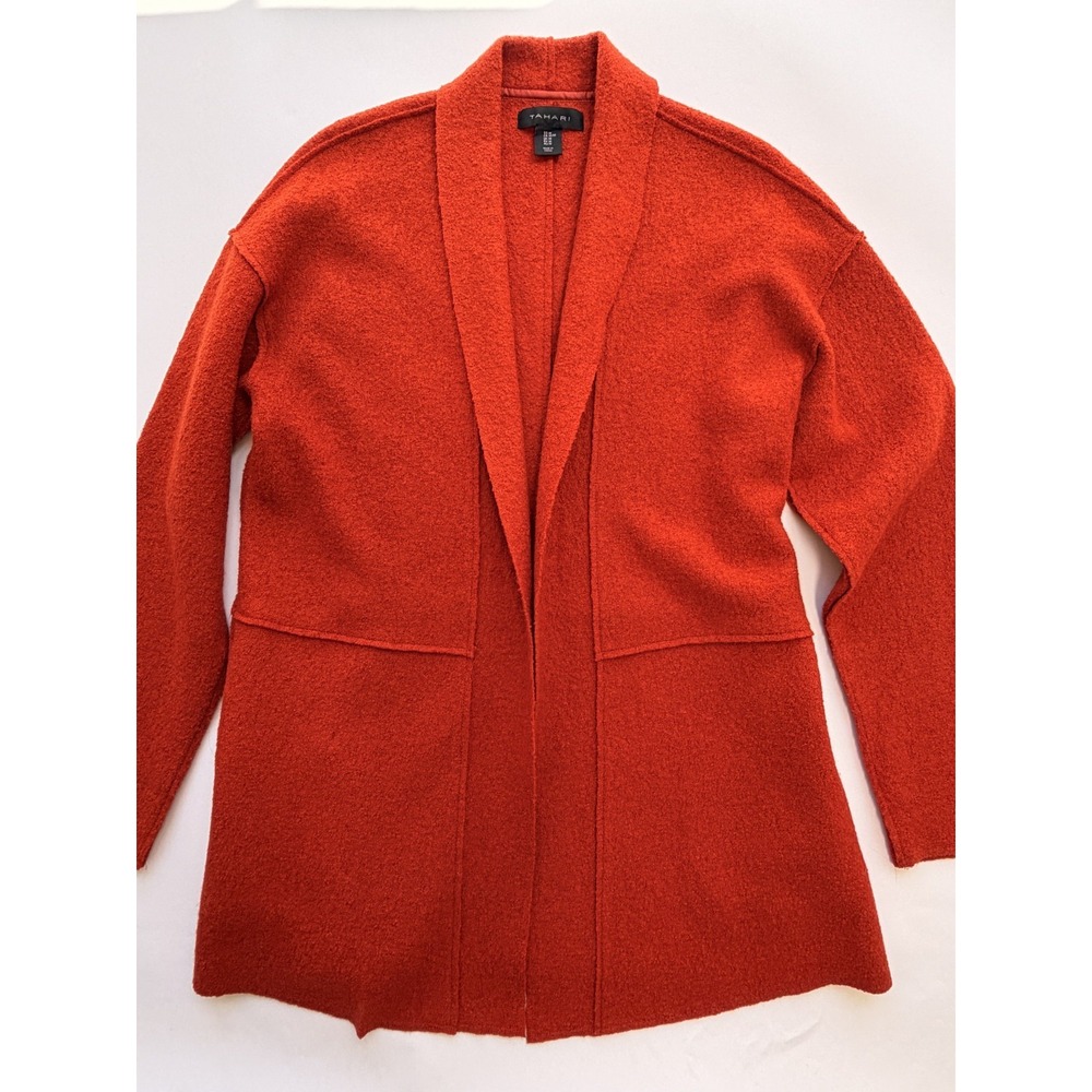 Tahari Wool Red Orange Shawl Fall Countryside Long Sweater Jacket Size M
